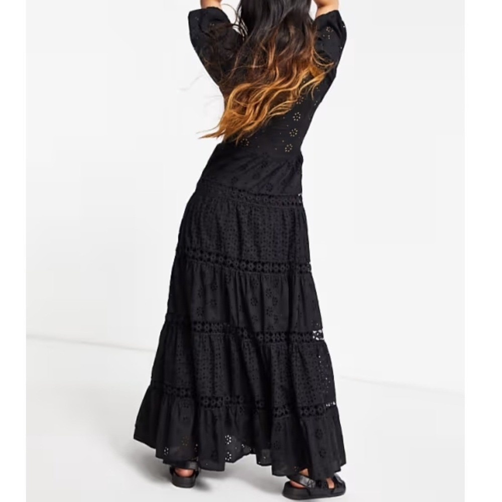 ASOS DESIGN Black Eyelet Cotton Smocked Tiered Maxi Dress Puff Sleeve US 14 Boho
